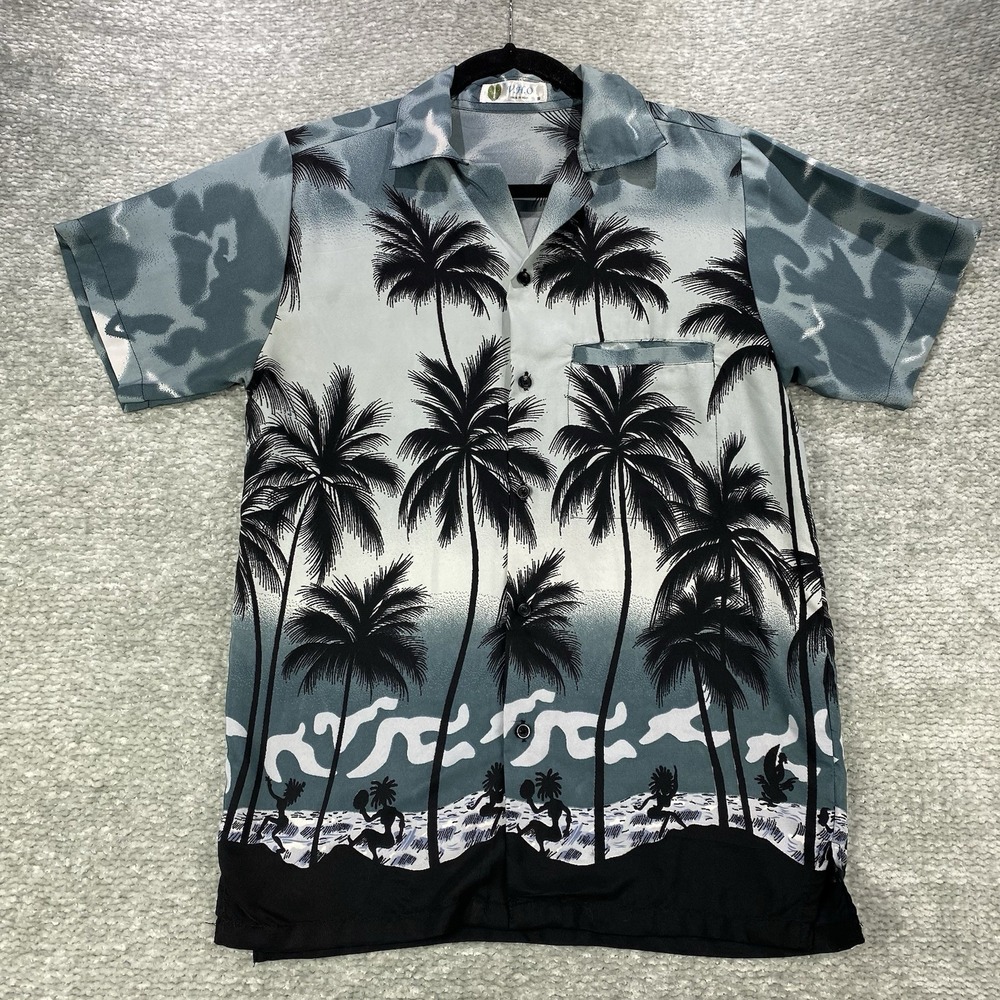 V.H.O Hawaiian Shirt Mens S Gray Black Palm Trees‎ Beach Short Sleeve Button Up